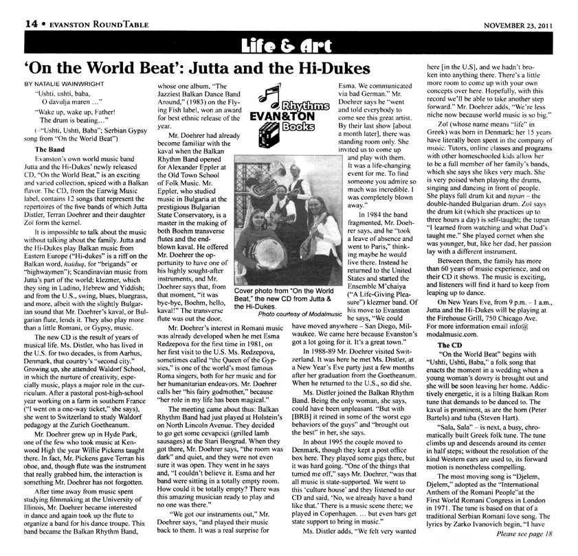 Image of page one of two of the Evanston Round Table November 23, 2011 clipping about Jutta & the Hi-Dukes (tm)
